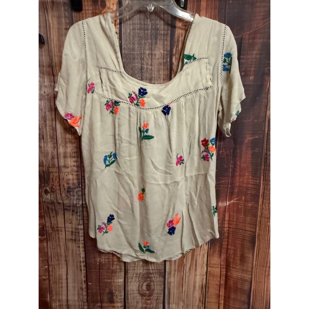 Magazine Taupe Floral Embroidered Peasant Blouse Square Neck Tassel Sleeve M
